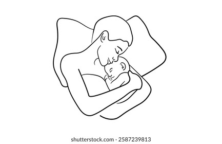 Newborn sleeping in mom's arms, continuous line art drawing. Motherhood, parenthood, pregnancy. Vector illustration isolated on white background