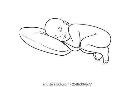 Newborn sleeping on a pillow, continuous line art drawing. Motherhood, parenthood, pregnancy. Vector illustration isolated on white background