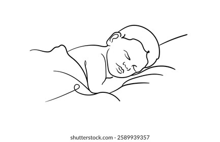 Newborn sleeping on a pillow, continuous line art drawing. Motherhood, parenthood, pregnancy. Vector illustration isolated on white background