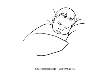 Newborn sleeping on a pillow, continuous line art drawing. Motherhood, parenthood, pregnancy. Vector illustration isolated on white background