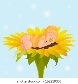 Newborn is sleeping on a yellow flower