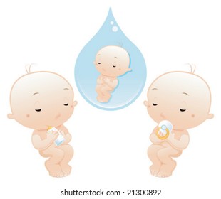 Newborn sleeping with pacifier and bottle. Cartoon and vector illustration