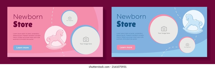 Newborn store online banner template set, baby toy shop advertisement, horizontal ad, parenthood equipment webpage, kids rocking horse creative brochure, isolated on background.