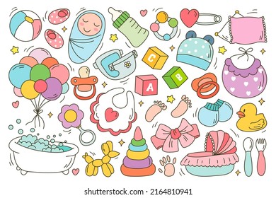 Newborn Stuff Doodle Set. Cartoon Clothes, Toys, Sleeping And Feeding Tools Icons For Small Infant Toddler Baby Isolated On White Background. Vector Illustration