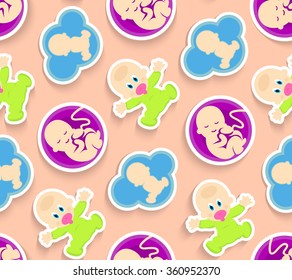 Newborn stylized vector background. Funny textile patterns. Baby's development collection of isolated images. Medical logos. Stages of pregnancy designed .
