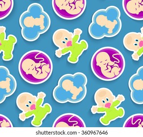 Newborn stylized vector background. Funny baby's textile patterns. Baby's development collection of isolated images. Kids logos. Stages of pregnancy designed.