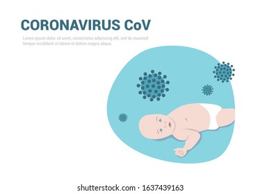 Newborn surrounded by Coronavirus CoV. Awareness campaign template for with place for text. Flat vector illustration.
