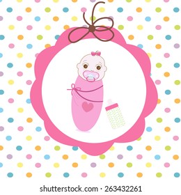 Newborn swaddle baby girl with bottle greeting card
