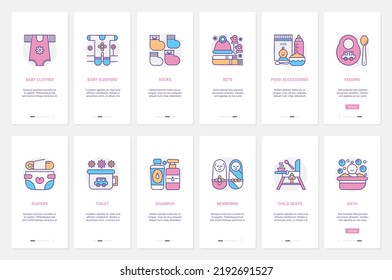 Babyartikel der Neugeborenen, Vektorgrafik. UX, UI-Onboarding Mobile App-Bildschirm mit der Linie Kind bequeme Kleidung, Baby-Hygiene-Accessoire, Fütterung und Pflege für Neugeborene Symbole
