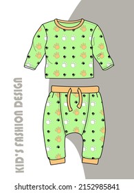 Newborn and toddler wear design: t-shirt and pants with paw seamless pattern in mint shape