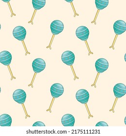 Newborn toy, baby rattle on a stick. Vector seamless pattern.