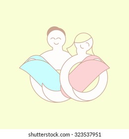 Newborn twin babies, boy and girl. Happy parents flat style thin line logo. Modern family outline icon.