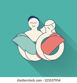 Newborn twin babies, boy and girl. Happy parents flat style thin line logo. Modern family outline icon.