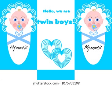 Newborn twins boy announcement with two babies in blue design