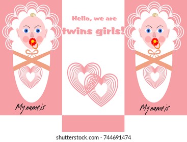 Newborn twins girl announcement with two babies in pink design vector EPS 10