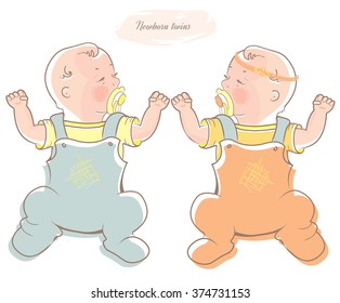Newborn twins. Sleeping babies. Vector Illustration isolated on white background.