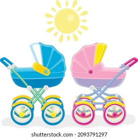 Newborn twins sleeping in their colorful baby carriages on a walk on a sunny day, vector cartoon illustration isolated on a white background