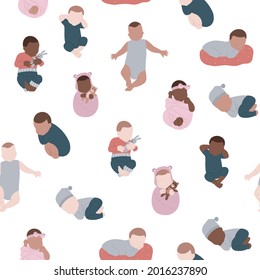 Newborn vector pattern. Seamless background with cute abstract babies. Multicultural baby seamless pattern