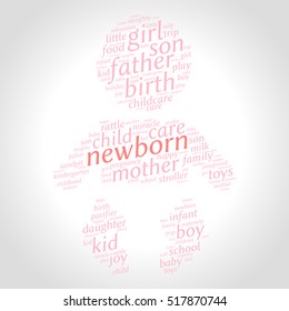 Newborn. Word cloud, baby silhouette, gradient grey background. Family concept.