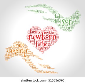 Newborn. Word cloud, heart between two hands, gradient grey background. Family concept.