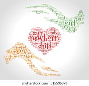 Newborn. Word cloud, heart between two hands, gradient grey background. Family concept.