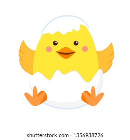 Newborn yellow chicken in the shell. Vector illustration.Isolated on white background.Cartoon flat style
