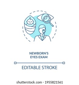 Icono de concepto de examen de ojos para recién nacidos. Detección de ojos para niños. Verificando cómo puede ver un buen niño después de nacer idea de la ilustración de línea delgada. Dibujo de color RGB con contorno aislado del vector. Trazo editable