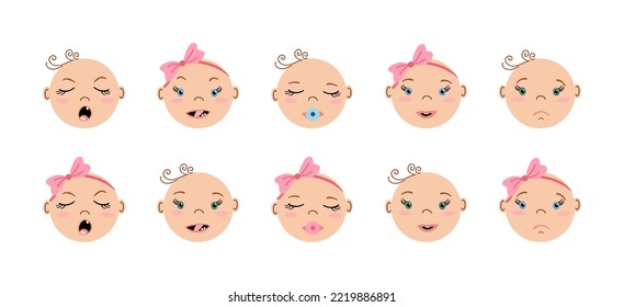 Newborns frontal portraits with different emotions. Set of European or American baby faces. Cute boys and girls. Flat style simple vector illustrations.
