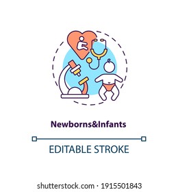 Newborns and infants concept icon. Health screening age group idea thin line illustration. Testing for disorders. Physical measurements. Vector isolated outline RGB color drawing. Editable stroke