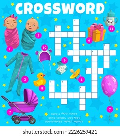 Newborns and kids toys, crossword worksheet or find word vector quiz game. Education riddle or crossword greed with cartoon newborn stroller, balloon and bath duck, pacifier bottle and toddler gifts