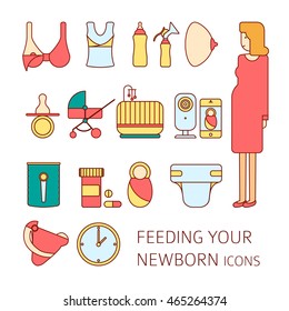 Newborrn and breastfeeding vector icon set. Set includes:
bra for feeding, bottle, breast pump, breast, nipple, stroller, crib, baby monitors, diaper, pregnant girl. Pictogram, infographic element.