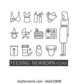 Newborrn and breastfeeding vector icon set. Set includes -
bra for feeding, bottle, breast pump, breast, nipple, stroller, crib, baby monitors, infant, diaper sling clock pregnant girl. 