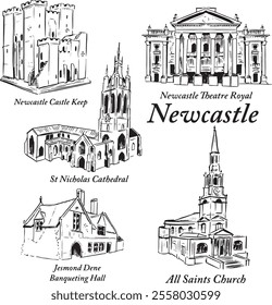 Ilustração de tinta de pontos de referência de Newcastle. Castelo, Teatro, Catedral, Igreja de todos os santos, Banqueting House esboça a coleção. Edifícios de arquitetura, estruturas de desenhos vetoriais conjunto. 