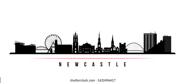 Newcastle skyline horizontal banner. Black and white silhouette of Newcastle, United Kingdom. Vector template for your design. 