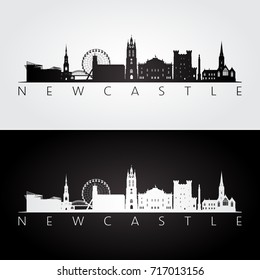 Newcastle skyline and landmarks silhouette, black and white design, vector illustration.
