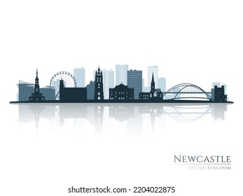 Silueta de perfil de Newcastle con reflexión. Paisaje de Newcastle, Reino Unido. Ilustración vectorial.