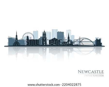 Newcastle skyline silhouette with reflection. Landscape Newcastle, United Kingdom. Vector illustration.