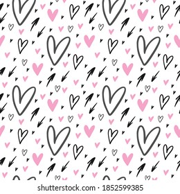 Neuer, süßer Hintergrund mit Herzen und Pfeilen. Flache Vektorgrafik für den Valentinstag, Urlaubstext, Liebesmuster