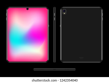 Newest Black Tablet with Beautiful Design, Frameless Screen with colorful wallpapers, View from Four Sides Black Background Vector Illustration EPS 10 