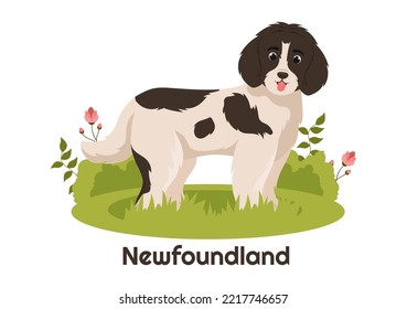 Neufundland-Hundetiere mit schwarzer, brauner oder Landseerfarbe in flachen Farbtönen, handgezeichnet Illustration