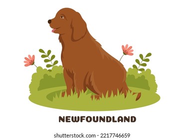 Neufundland-Hundetiere mit schwarzer, brauner oder Landseerfarbe in flachen Farbtönen, handgezeichnet Illustration