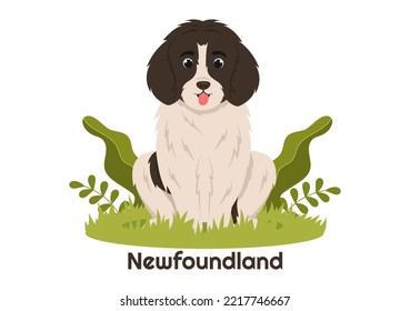 Neufundland-Hundetiere mit schwarzer, brauner oder Landseerfarbe in flachen Farbtönen, handgezeichnet Illustration