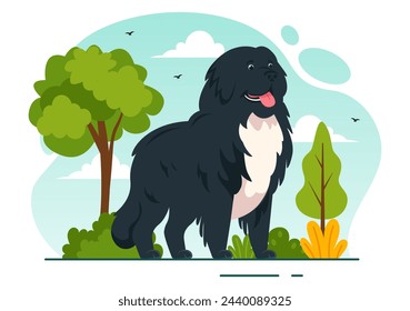 Newfoundland Dog Animals Vector Illustration with Black, Brown or Landseer Color in Flat Style Cute Cartoon Nature Background Design