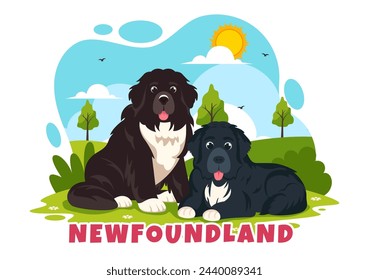 Newfoundland Dog Animals Vector Illustration with Black, Brown or Landseer Color in Flat Style Cute Cartoon Nature Background Design