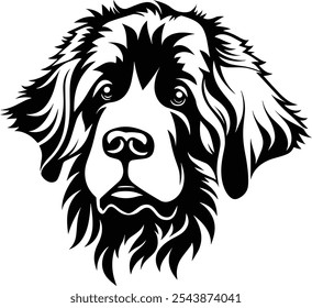 Newfoundland dog black vector image. Transparent isolated white background. Dog head portrait silhouette logo.