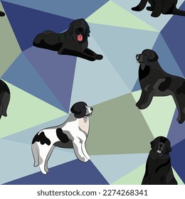 Newfoundland dog on a mosaic geometric background. Funky, colorful vibe, rainbow colors palette. Simple, clean, modern texture. Geometric, polygon style. Summer seamless pattern with dogs.Triangles.