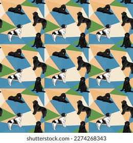 Newfoundland dog on a mosaic geometric background. Funky, colorful vibe, rainbow colors palette. Simple, clean, modern texture. Geometric, polygon style. Summer seamless pattern with dogs.Triangles.