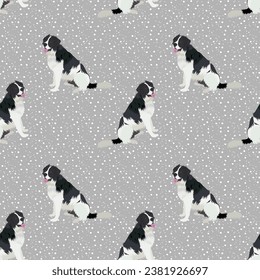 Perro de Newfoundland sin costura. Perro dibujado a mano en un fondo gris repetible con nieve. Cute textura abstracta con ilustración de perro sonriente feliz. Estilo de caricatura. Carácter popular. Tapa impresa.