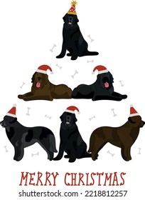 Newfoundland dogs wearing winter hats. Cute funny dogs. Character design. Abstract Christmas tree. Vector illustration. Merry Christmas greeting card with the cute funny newfie dogs, holiday.