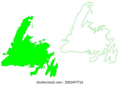 Isla de Terranova (Canadá, Terranova y Provincia de Labrador, Norteamérica) mapa de ilustración vectorial, dibujo garabato mapa de Terranova